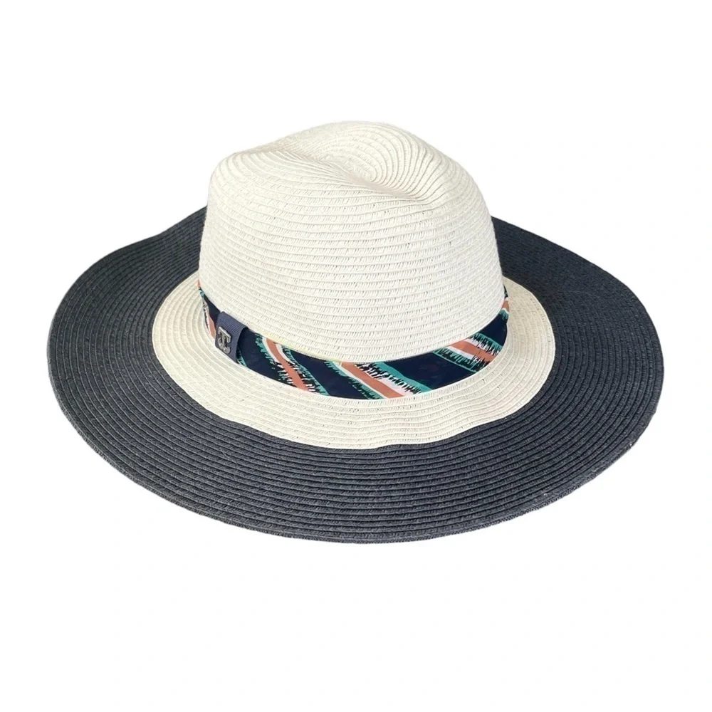 John Callanan Wide Brim Sun Hat Ivory Navy Toyo Straw Floppy One Size